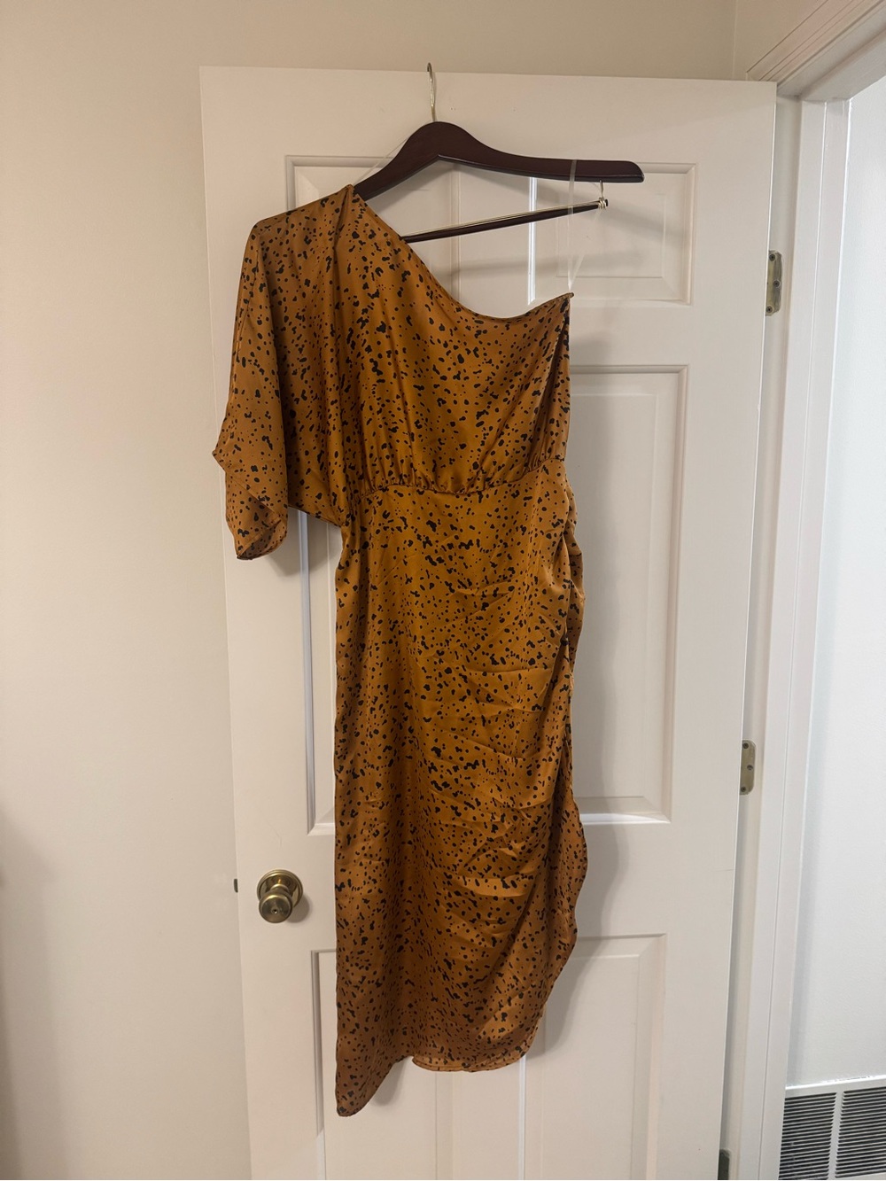 One-Shoulder Mustard Polka-Dot Midi Dress